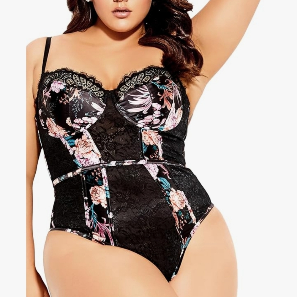 City Chic Boudoir Mimi Floral Lace Bodysuit Plus 42 C/D
